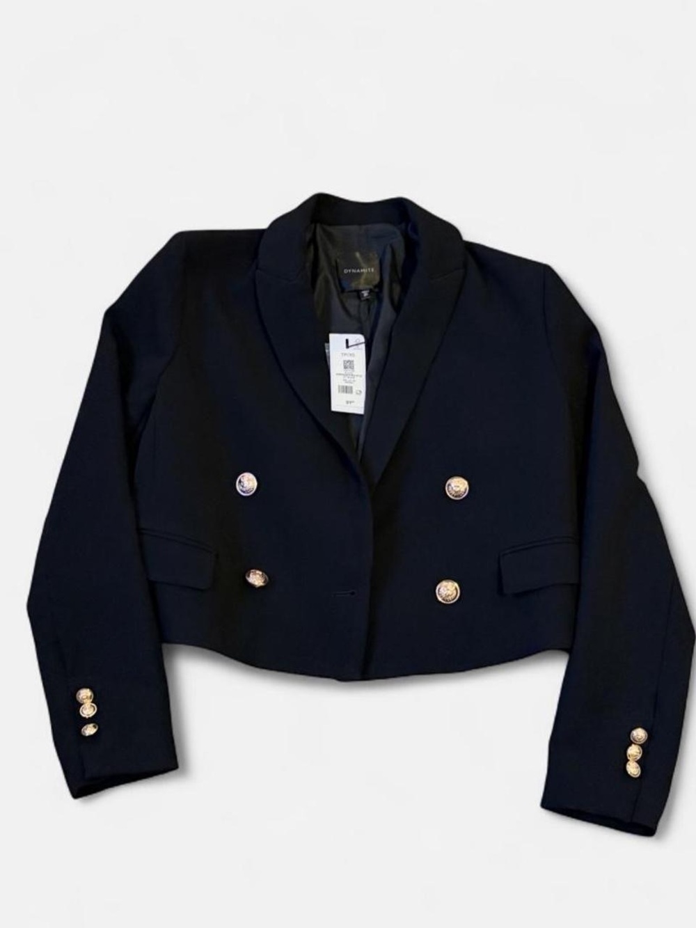 Dynamite Cropped Black Double-Breasted Blazer with Gold Buttons